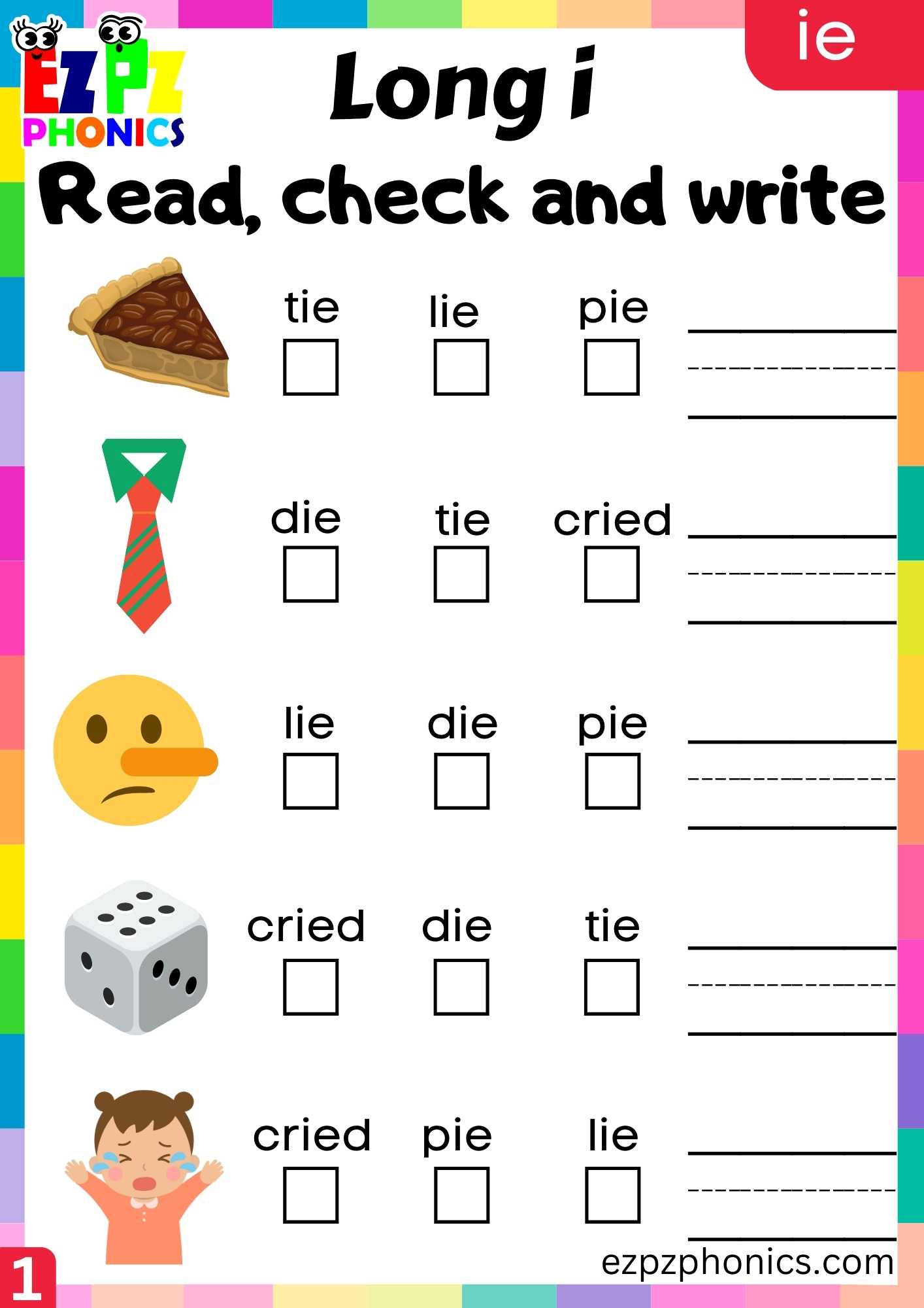 IE Words Read, Check And Write Long I Phonics Worksheet